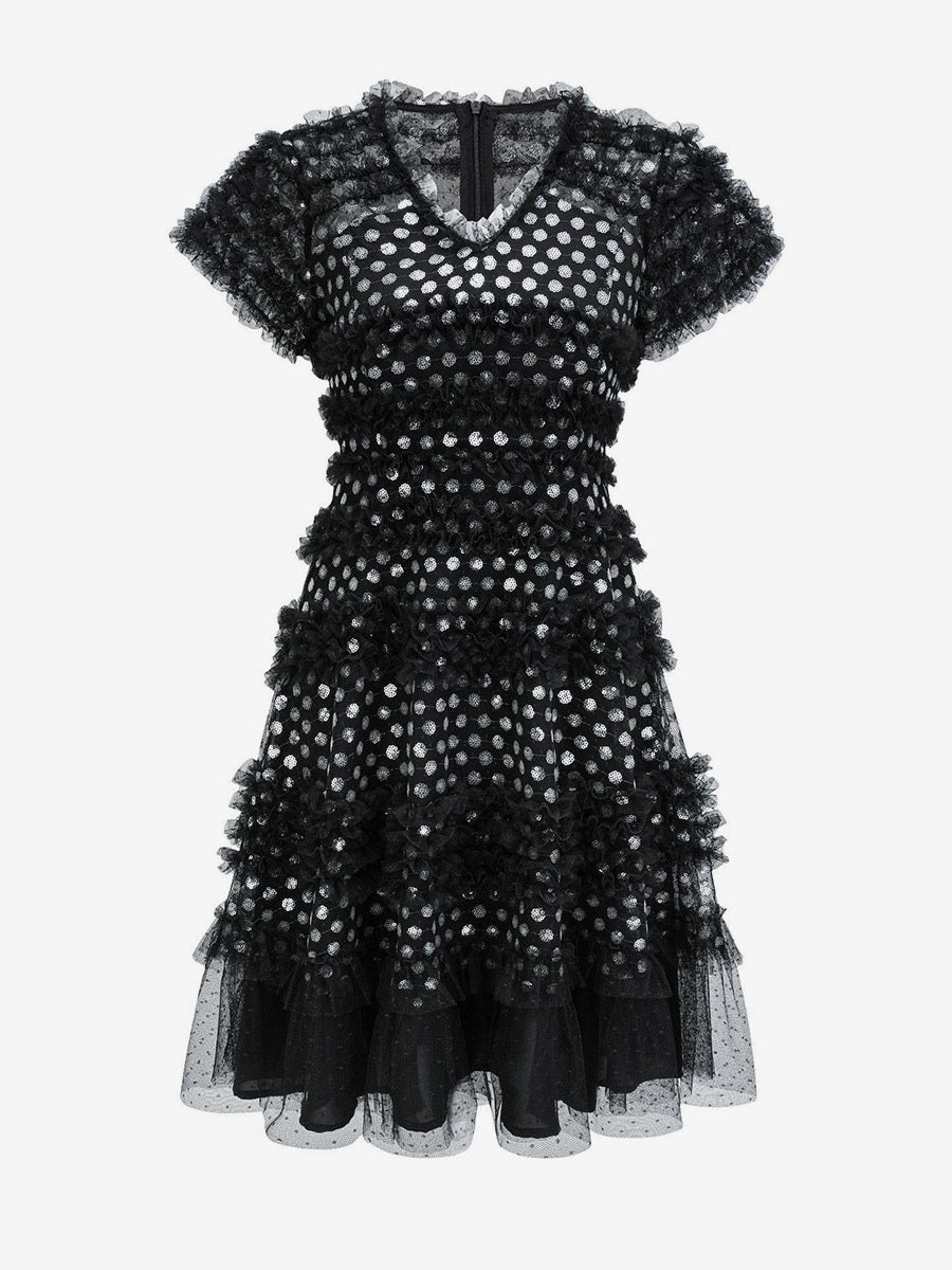 Vacation Dresses Midi Pleated Short Sleeves V-Neck Chic Black Dress