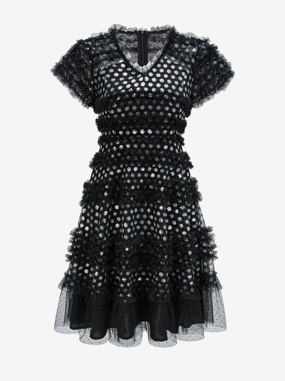 Vacation Dresses Midi Pleated Short Sleeves V-Neck Chic Black Dress