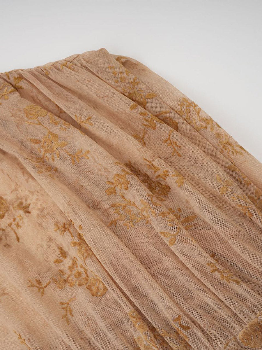 Party Dress Maxi Light Apricot Stand Collar Pleated Short Sleeves Printed Dress
