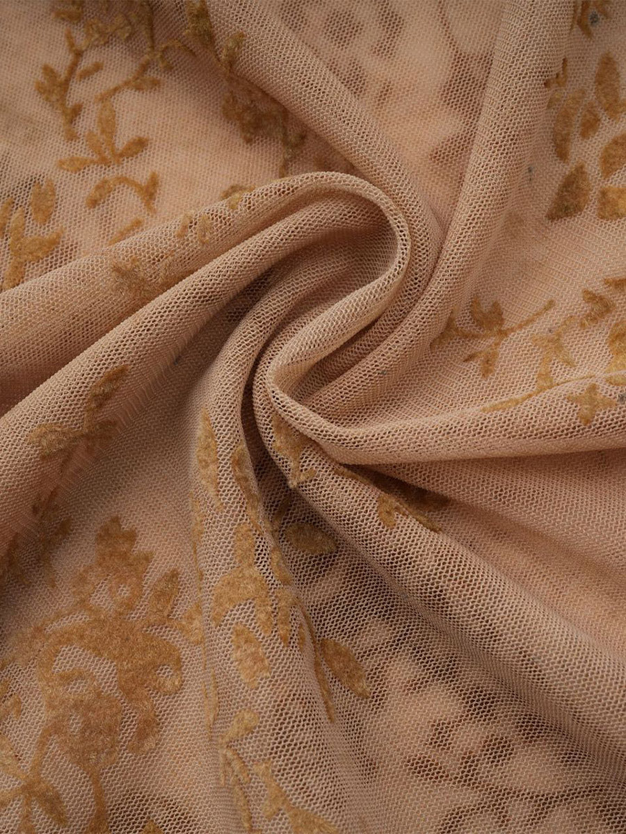 Party Dress Maxi Light Apricot Stand Collar Pleated Short Sleeves Printed Dress