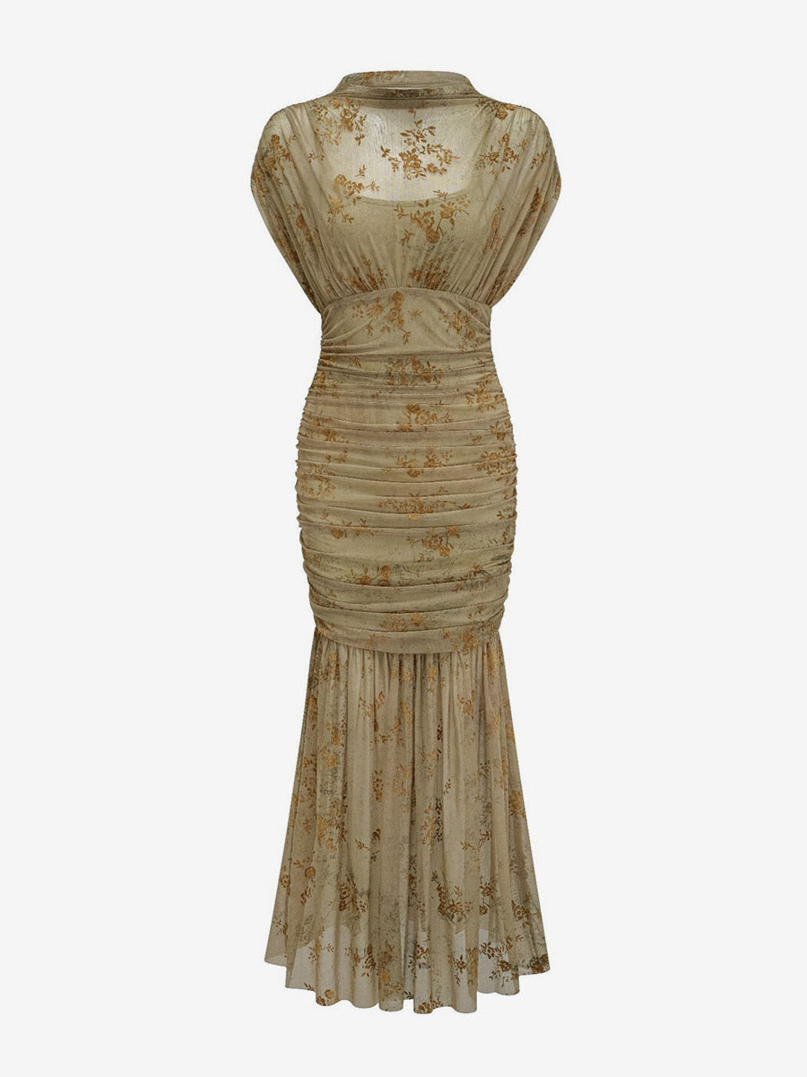 Party Dress Maxi Light Apricot Stand Collar Pleated Short Sleeves Printed Dress