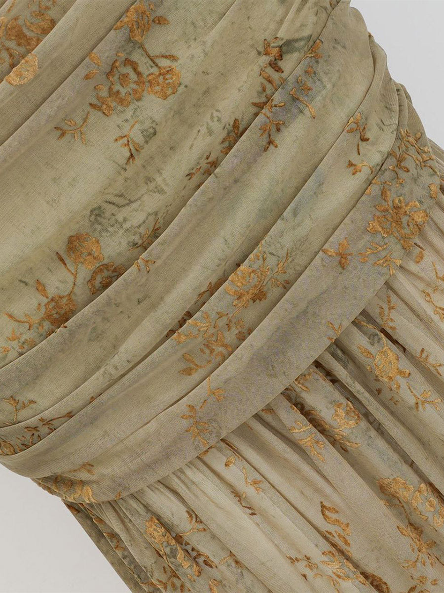 Party Dress Maxi Light Apricot Stand Collar Pleated Short Sleeves Printed Dress