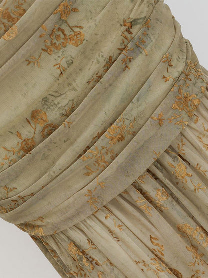Party Dress Maxi Light Apricot Stand Collar Pleated Short Sleeves Printed Dress