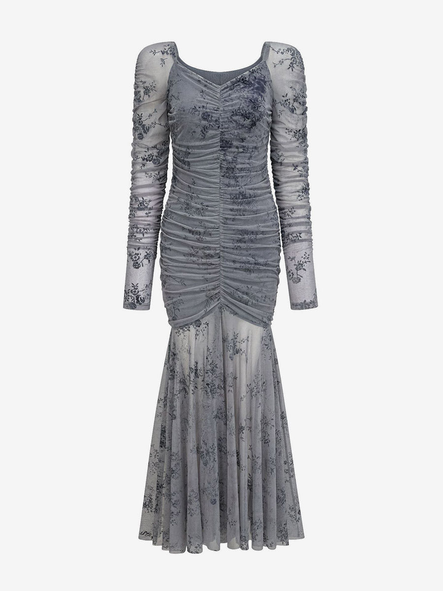 Party Dress Maxi Light Apricot Stand Collar Pleated Long Sleeves Printed Casual Dress