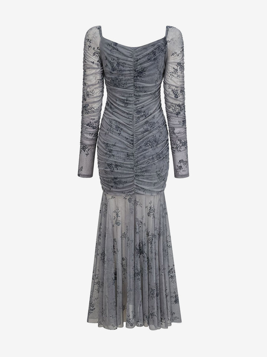 Party Dress Maxi Light Apricot Stand Collar Pleated Long Sleeves Printed Casual Dress