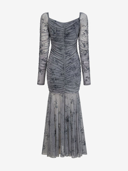Party Dress Maxi Light Apricot Stand Collar Pleated Long Sleeves Printed Casual Dress