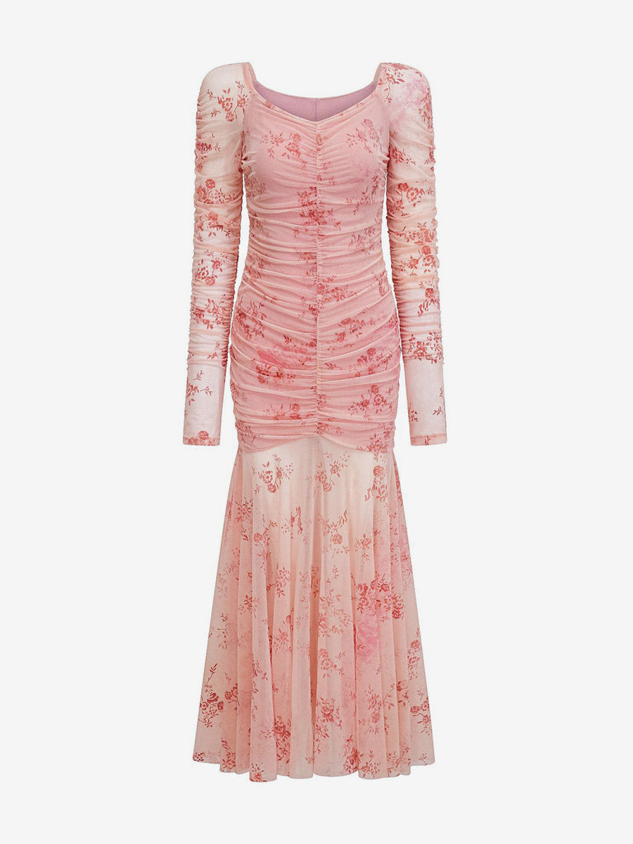 Party Dress Maxi Light Apricot Stand Collar Pleated Long Sleeves Printed Casual Dress
