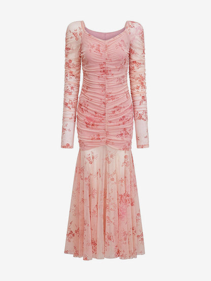 Party Dress Maxi Light Apricot Stand Collar Pleated Long Sleeves Printed Casual Dress