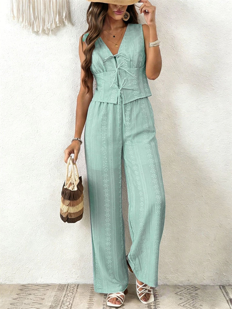 Two Piece Sets Pant Set White Printed Street Wear Polyester V-Neck Sleeveless Casual Pant Set