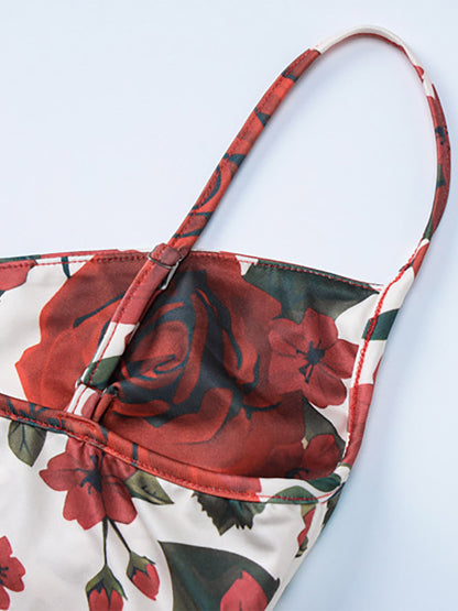 Two Piece Sets Red Casual Floral Print Street Wear Polyester Straps Neck Sleeveless Skirt Set