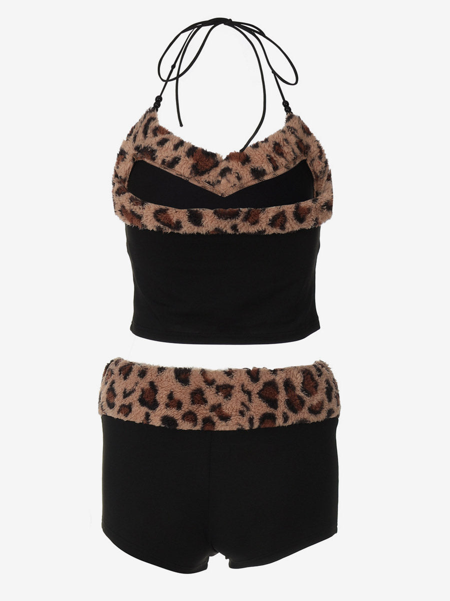 Two Piece Sets Burgundy Chic Leopard Print Daily Casual Straps Neck Sleeveless Pant Set