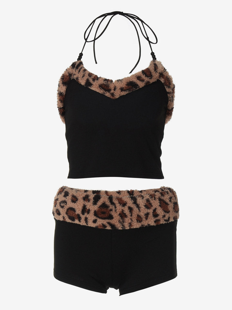 Two Piece Sets Burgundy Chic Leopard Print Daily Casual Straps Neck Sleeveless Pant Set