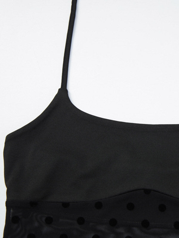 Two Piece Sets Black Polka Dot Sexy Straps Neck Sheer Sleeveless Skirt Set