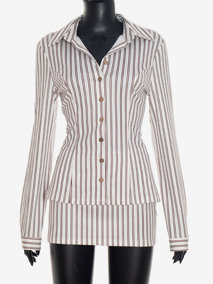 Two Piece Sets Brown Elegant Stripes Party Turndown Collar One Sleeve Long Sleeves Skirt Set