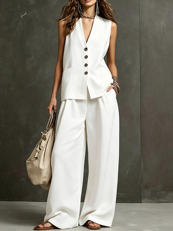 Two Piece Sets Burgundy Casual Daily Casual Linen V-Neck Sleeveless Pant Set