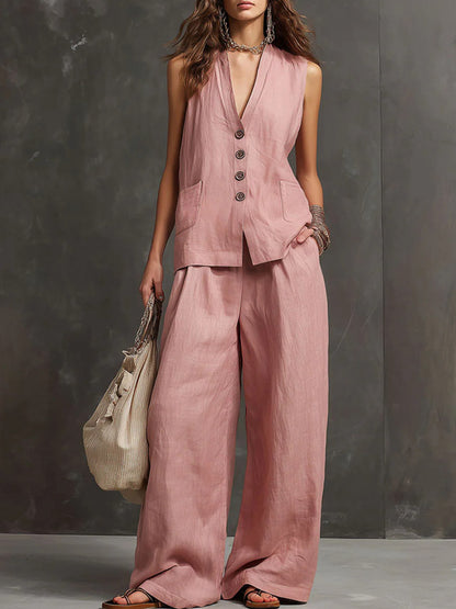 Two Piece Sets Burgundy Casual Daily Casual Linen V-Neck Sleeveless Pant Set