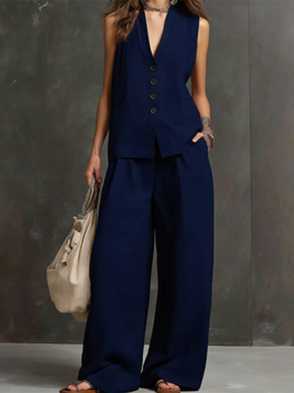 Two Piece Sets Burgundy Casual Daily Casual Linen V-Neck Sleeveless Pant Set