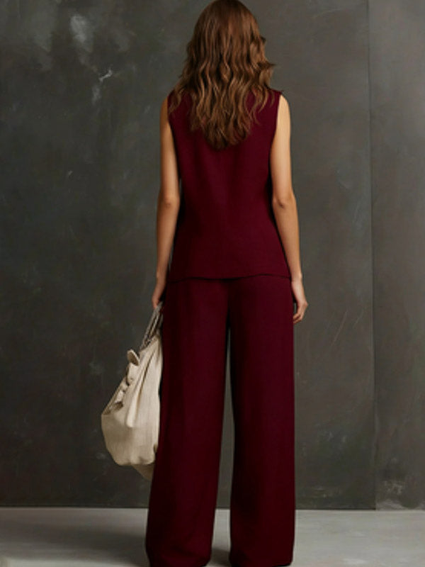 Two Piece Sets Burgundy Casual Daily Casual Linen V-Neck Sleeveless Pant Set