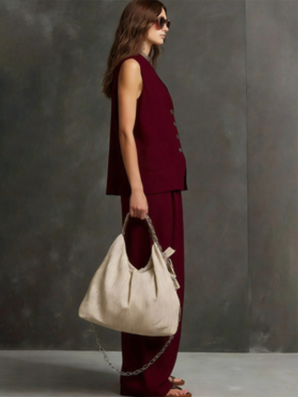 Two Piece Sets Burgundy Casual Daily Casual Linen V-Neck Sleeveless Pant Set