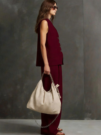 Two Piece Sets Burgundy Casual Daily Casual Linen V-Neck Sleeveless Pant Set