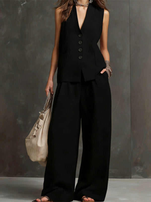 Two Piece Sets Burgundy Casual Daily Casual Linen V-Neck Sleeveless Pant Set