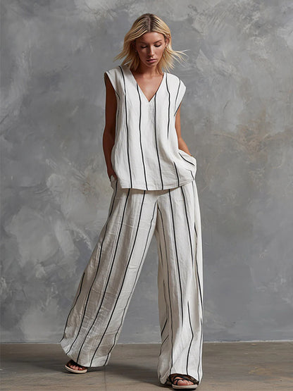 Two Piece Sets White Stripes Street Wear Lycra Spandex V-Neck Sleeveless Casual Pant Set