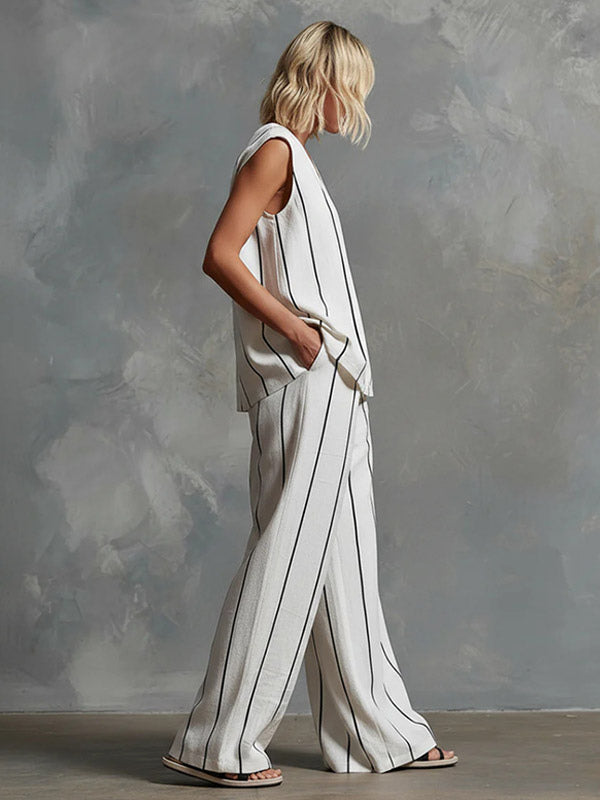 Two Piece Sets White Stripes Street Wear Lycra Spandex V-Neck Sleeveless Casual Pant Set
