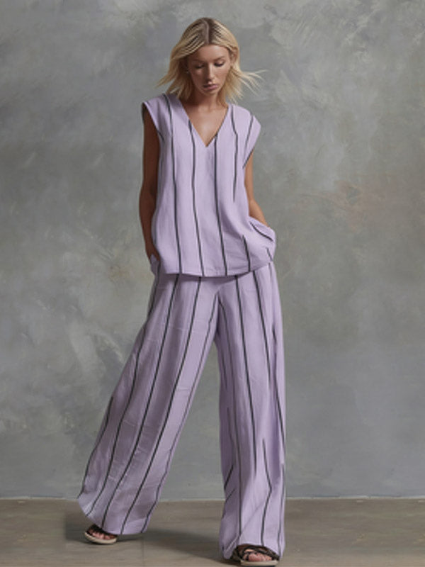 Two Piece Sets White Stripes Street Wear Lycra Spandex V-Neck Sleeveless Casual Pant Set