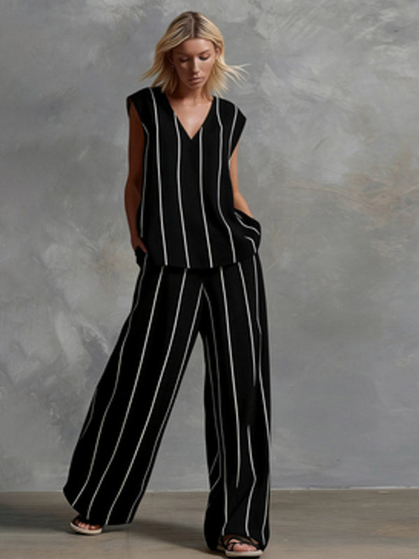 Two Piece Sets White Stripes Street Wear Lycra Spandex V-Neck Sleeveless Casual Pant Set