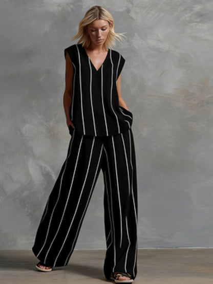 Two Piece Sets White Stripes Street Wear Lycra Spandex V-Neck Sleeveless Casual Pant Set