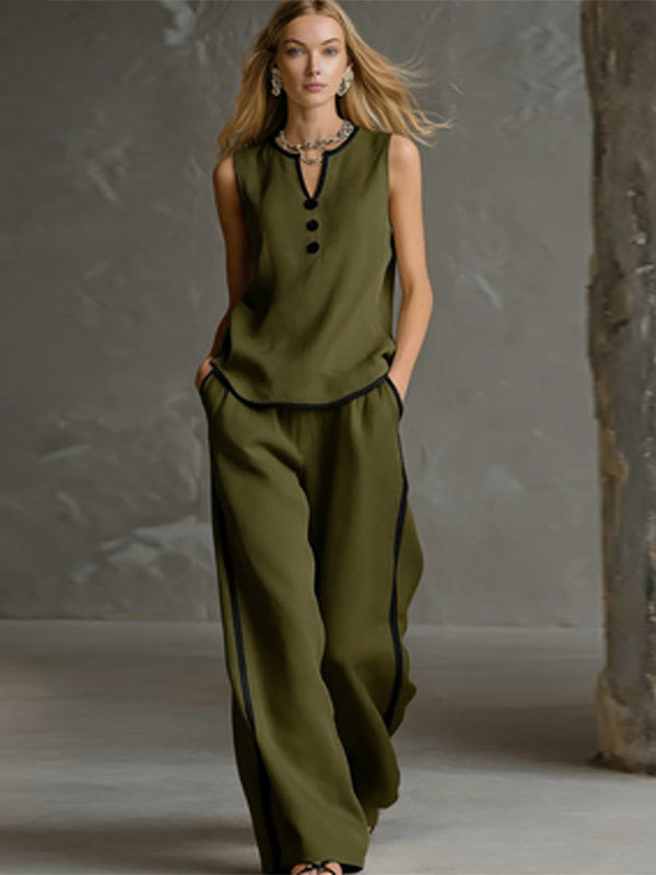 Two Piece Sets Black Chic Two-Tone Street Wear Buttons Polyester Jewel Neck Sleeveless Pant Set