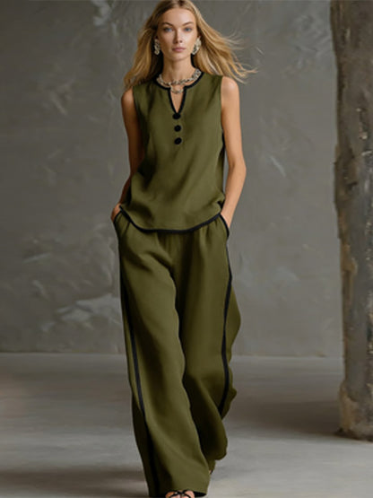 Two Piece Sets Black Chic Two-Tone Street Wear Buttons Polyester Jewel Neck Sleeveless Pant Set