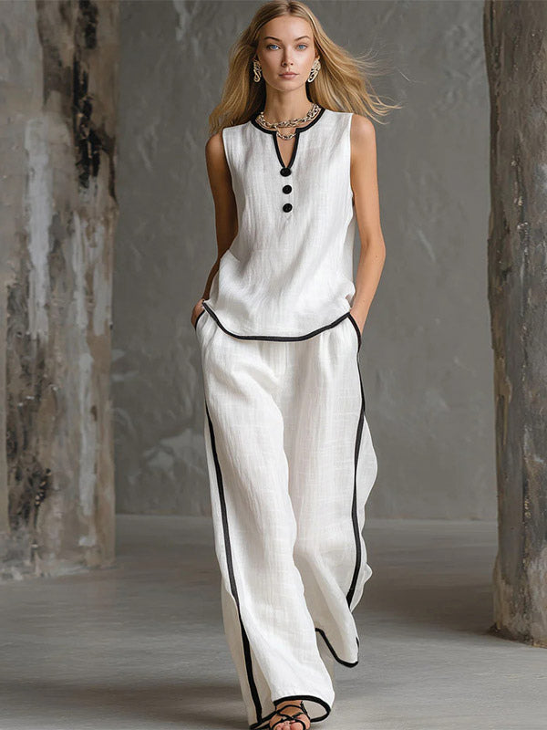 Two Piece Sets Black Chic Two-Tone Street Wear Buttons Polyester Jewel Neck Sleeveless Pant Set