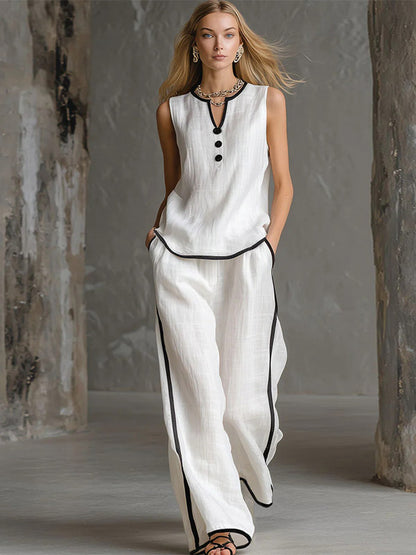 Two Piece Sets Black Chic Two-Tone Street Wear Buttons Polyester Jewel Neck Sleeveless Pant Set
