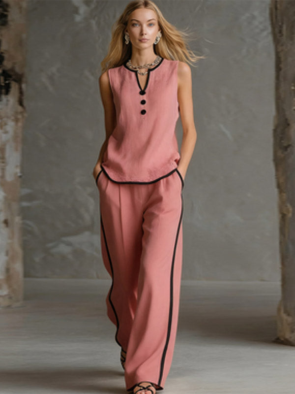 Two Piece Sets Black Chic Two-Tone Street Wear Buttons Polyester Jewel Neck Sleeveless Pant Set