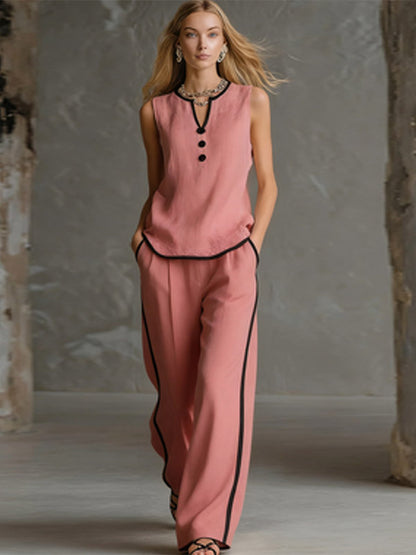 Two Piece Sets Black Chic Two-Tone Street Wear Buttons Polyester Jewel Neck Sleeveless Pant Set