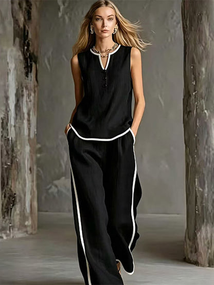 Two Piece Sets Black Chic Two-Tone Street Wear Buttons Polyester Jewel Neck Sleeveless Pant Set