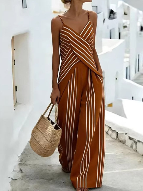 Two Piece Sets White Casual Stripes Daily Casual Polyester Straps Neck Sleeveless Pant Set