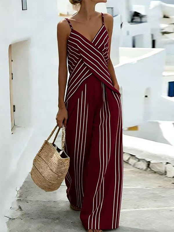 Two Piece Sets White Casual Stripes Daily Casual Polyester Straps Neck Sleeveless Pant Set