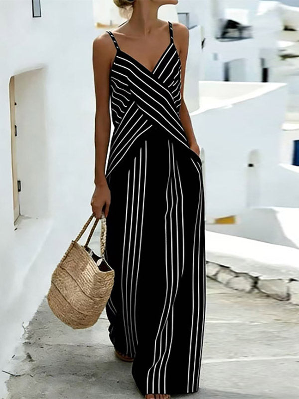Two Piece Sets White Casual Stripes Daily Casual Polyester Straps Neck Sleeveless Pant Set