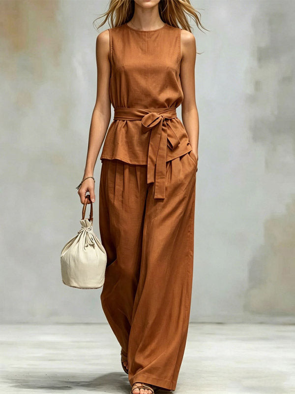 Two Piece Sets Chocolate Chic Street Wear Sash Polyester Jewel Neck Sleeveless Pant Set