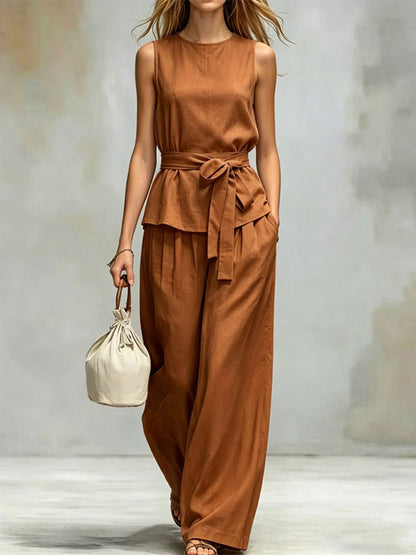 Two Piece Sets Chocolate Chic Street Wear Sash Polyester Jewel Neck Sleeveless Pant Set