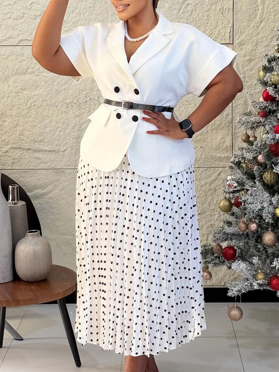 Two Piece Sets Black Casual Polka Dot Street Wear Turndown Collar Short Sleeves Skirt Set