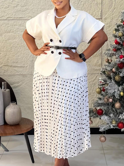Two Piece Sets Black Casual Polka Dot Street Wear Turndown Collar Short Sleeves Skirt Set
