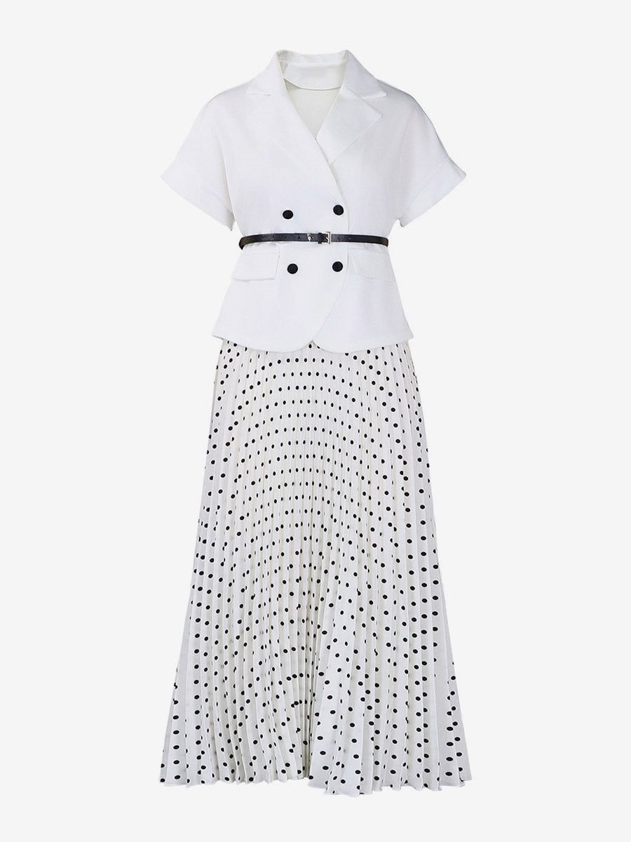 Two Piece Sets Black Casual Polka Dot Street Wear Turndown Collar Short Sleeves Skirt Set