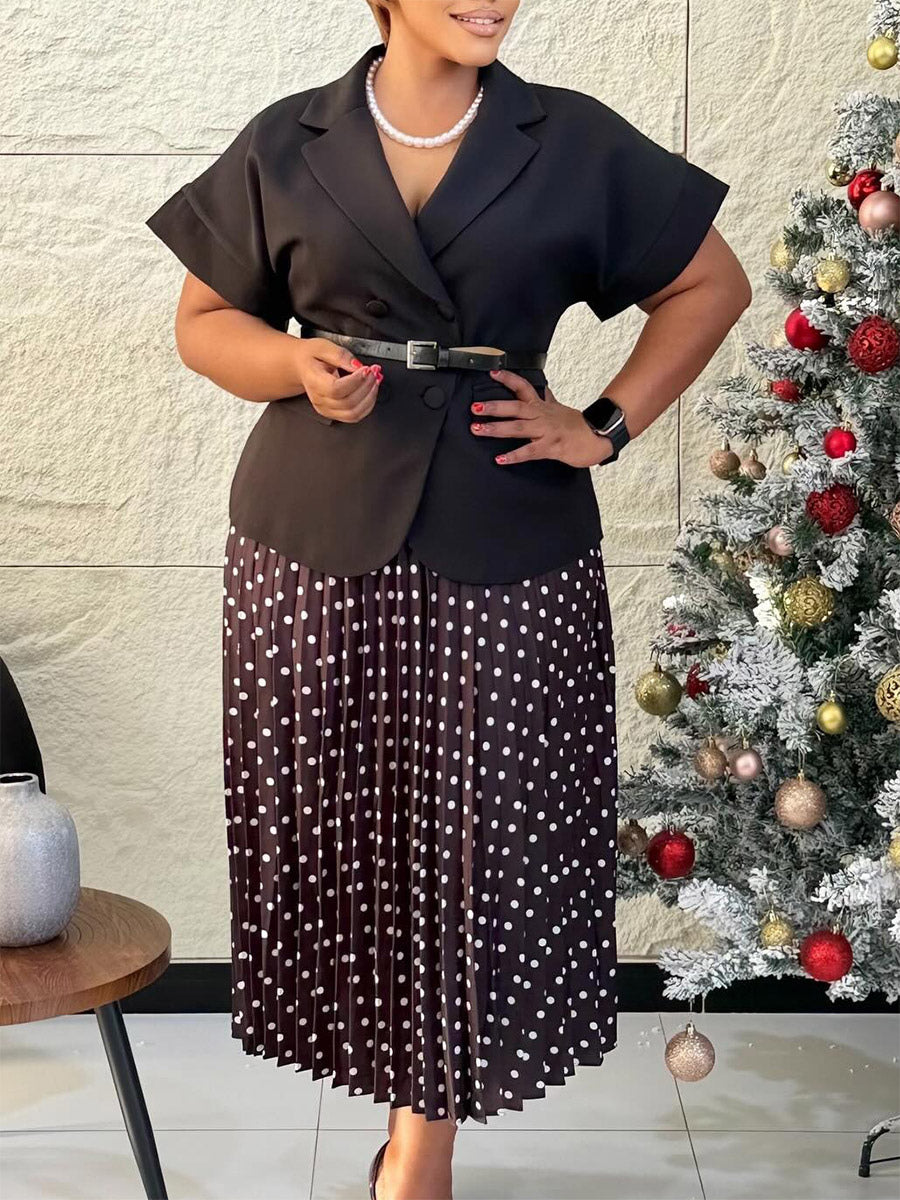 Two Piece Sets Black Casual Polka Dot Street Wear Turndown Collar Short Sleeves Skirt Set