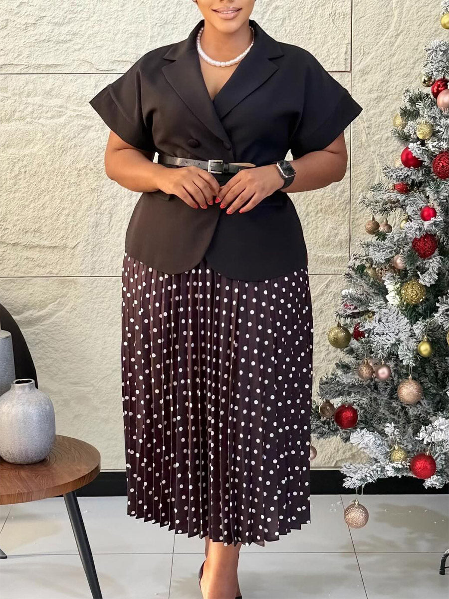 Two Piece Sets Black Casual Polka Dot Street Wear Turndown Collar Short Sleeves Skirt Set