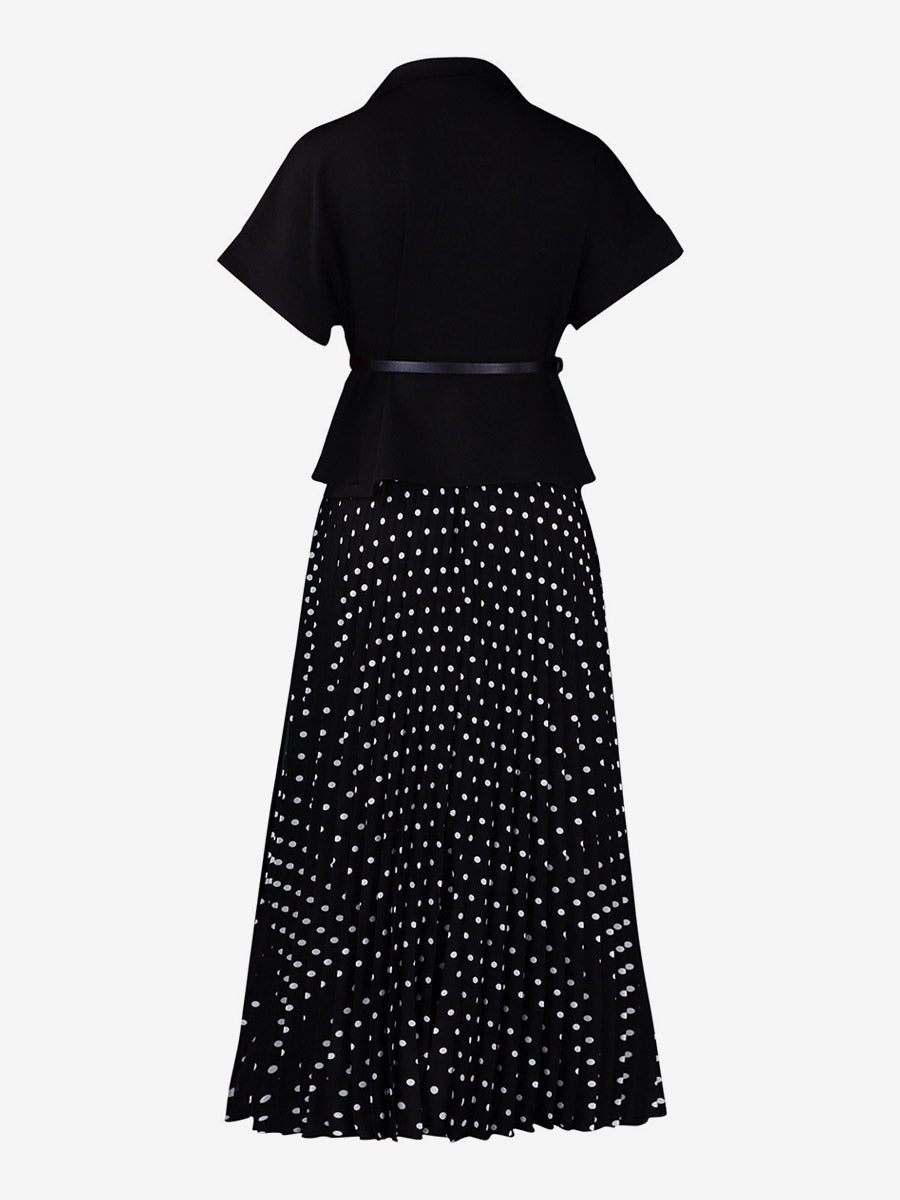 Two Piece Sets Black Casual Polka Dot Street Wear Turndown Collar Short Sleeves Skirt Set