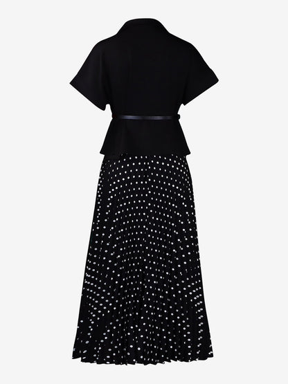 Two Piece Sets Black Casual Polka Dot Street Wear Turndown Collar Short Sleeves Skirt Set