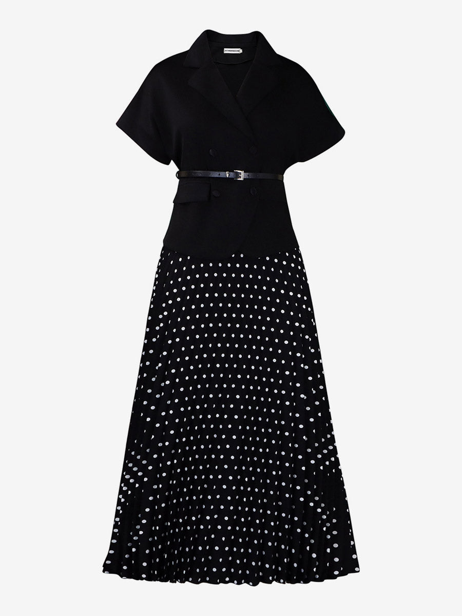 Two Piece Sets Black Casual Polka Dot Street Wear Turndown Collar Short Sleeves Skirt Set